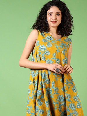 V-MART Women A-line Yellow Midi/Calf Length Dress
