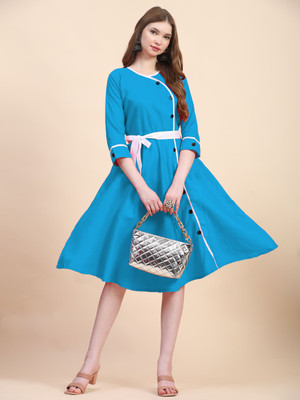 tradenest Women A-line Light Blue Below Knee Dress