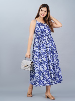 ASFEBRICS Women Fit and Flare Blue, White Dress