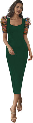 Dhruvil Impex Women Bodycon Dark Green Below Knee Dress