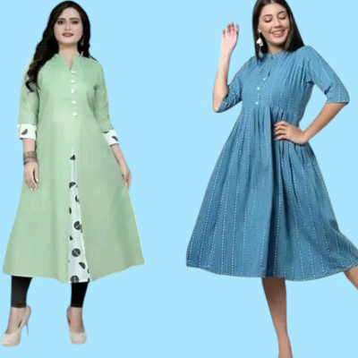 Texpamz Women Striped A-line Kurta(Green, Light Blue)