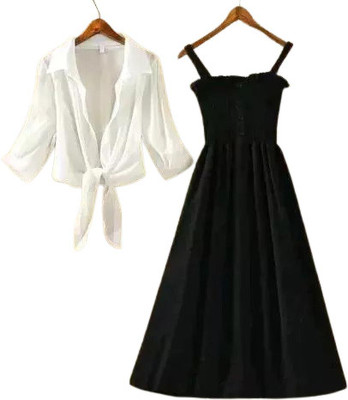 SFCOLLECTION Women A-line Black Midi/Calf Length Dress