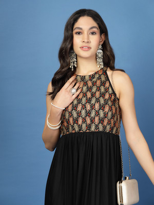 Anmi Women Ethnic Dress Black Maxi/Full Length Dress