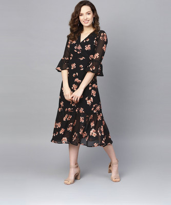 SASSAFRAS Women A-line Black Midi/Calf Length Dress