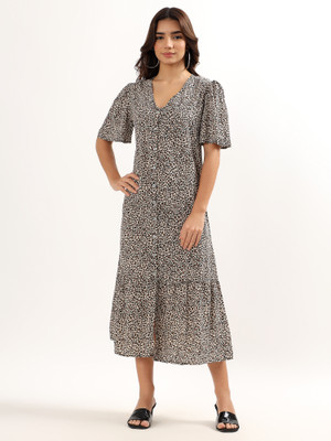 AVOR LIFESTYLE Women Maxi Brown, White Midi/Calf Length Dress