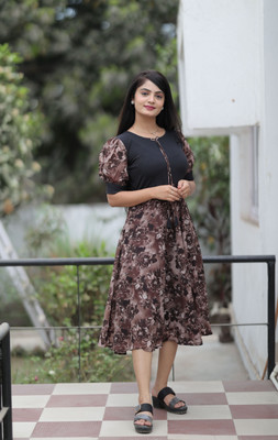 HouseOfCommon Women Maxi Brown Knee Length Dress