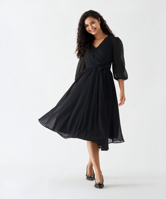 AASK Women Fit and Flare Black Midi/Calf Length Dress