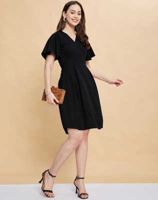 Selvia Women Fit and Flare Black Above Knee/Mid Thigh Length Dress