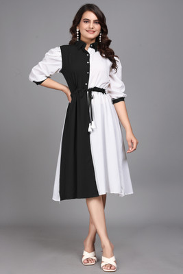 HEMANG FASHION Women A-line Black, White Midi/Calf Length Dress
