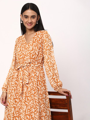 R&B Women Fit and Flare Orange, Beige Midi/Calf Length Dress
