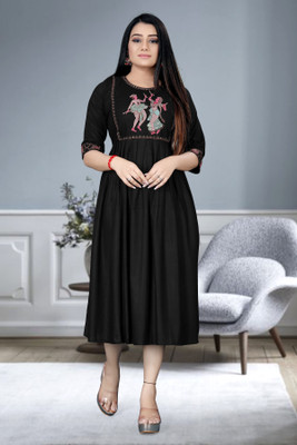 DICHIKA Fashion Women Fit and Flare Black Knee Length Dress