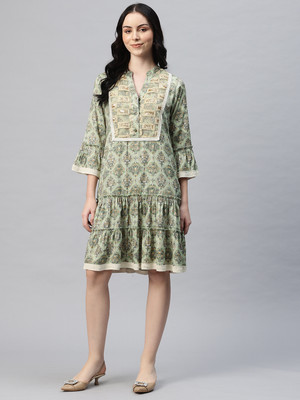 Cottinfab Women Fit and Flare Green, Gold Knee Length Dress