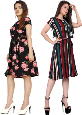 Rinra Women Fit and Flare Multicolor Knee Length Dress