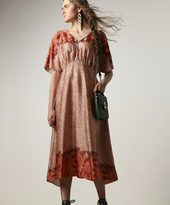 VERO MODA Women Fit and Flare Orange, Beige Midi/Calf Length Dress