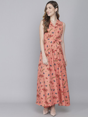 Rudraaksha Women Fit and Flare Pink Maxi/Full Length Dress