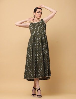 Angkor Women Fit and Flare Dark Green, Grey, Beige Midi/Calf Length Dress