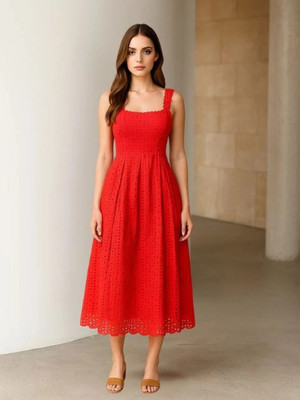 MARC LOUIS Women Fit and Flare Red Midi/Calf Length Dress