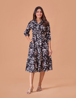 Dressberry Women Fit and Flare Black Midi/Calf Length Dress