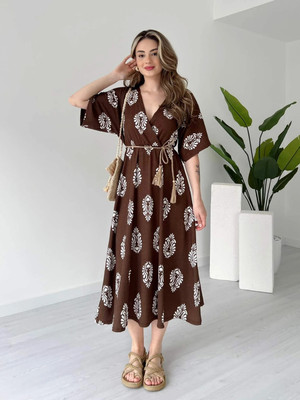 MANOJAVA Women Fit and Flare Brown Midi/Calf Length Dress
