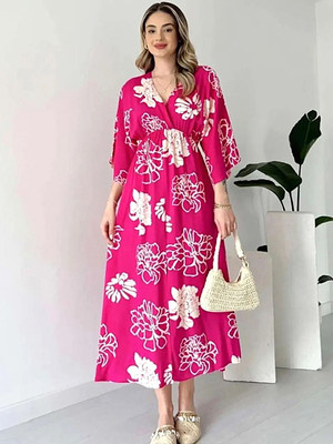 RAQUIV Women Fit and Flare Pink Ankle Length Dress