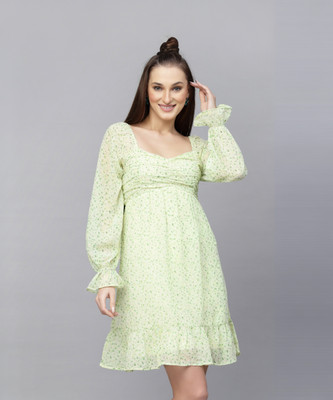 AAYU Women Fit and Flare Light Green Above Knee/Mid Thigh Length Dress