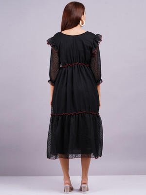 Jyoti Women Fit and Flare Black Midi/Calf Length Dress