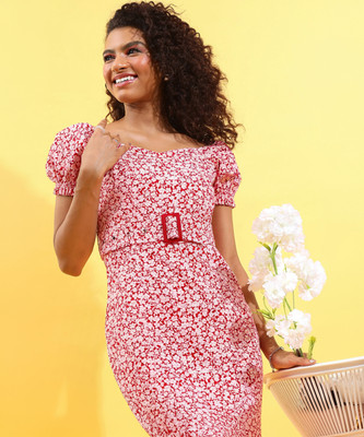 Tokyo Talkies Women Sheath Red, White Mini/Short Dress