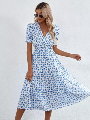 KOTTY Women Fit and Flare White, Blue Midi/Calf Length Dress