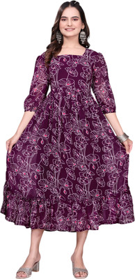JYOTESTORE Women Fit and Flare Purple Midi/Calf Length Dress