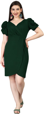 A To Z Cart Women Wrap Dark Green Above Knee/Mid Thigh Length Dress