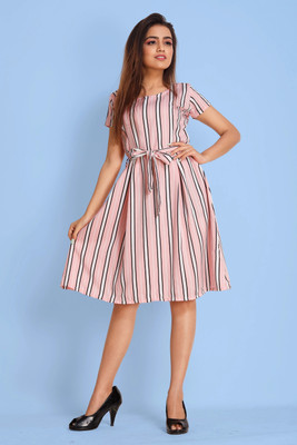 SITARAM FASHIION Women Fit and Flare Pink Knee Length Dress