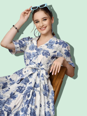 HouseOfCommon Women Fit and Flare White, Blue Below Knee Dress