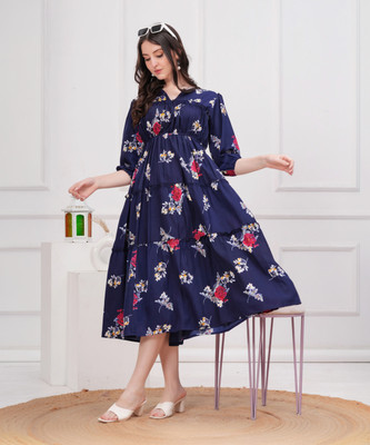 Oh Mi Dios Women Fit and Flare Dark Blue Midi/Calf Length Dress