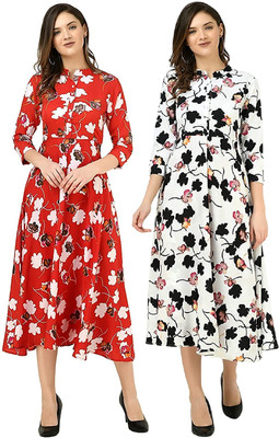 Beautylife Women Fit and Flare Red, White, Multicolor Maxi/Full Length Dress
