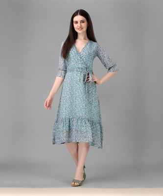 AHANA Women Wrap Multicolor, Green Midi/Calf Length Dress