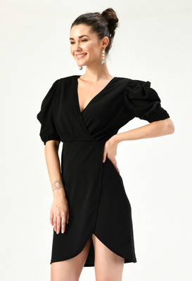 Lyublyu Women Wrap Black Above Knee/Mid Thigh Length Dress