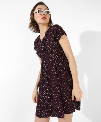 CAMPUS SUTRA Women A-line Brown, White Above Knee/Mid Thigh Length Dress