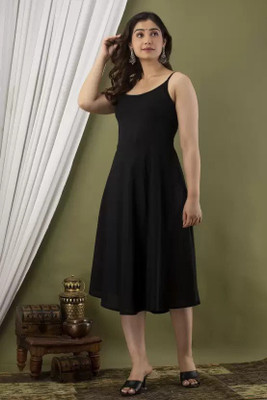 Biubaa Women Fit and Flare Black Midi/Calf Length Dress