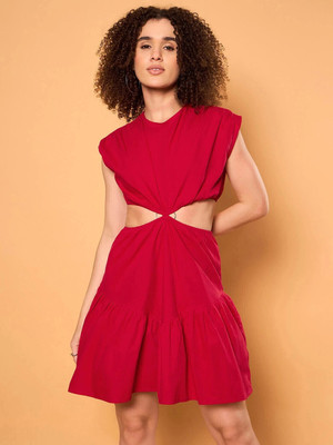 ZUMMER Women Fit and Flare Red Above Knee/Mid Thigh Length Dress