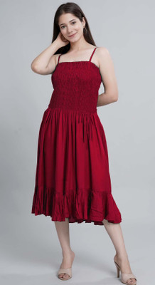 HANDISH Women Fit and Flare Maroon Below Knee Dress