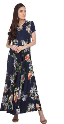 RUDRAKRITI Women Fit and Flare Dark Blue Maxi/Full Length Dress