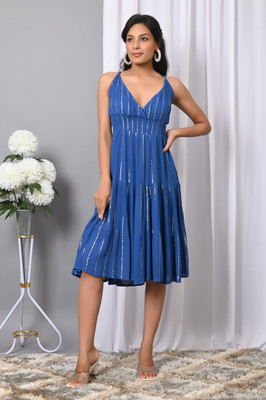 VYMO Women Fit and Flare Blue Below Knee Dress