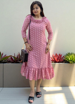 Bhanderi Creation Women A-line Pink Midi/Calf Length Dress