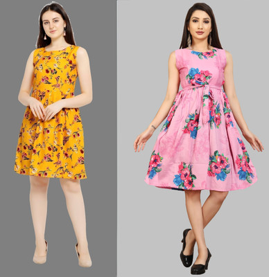 tanvi creation Women Fit and Flare Yellow Below Knee Dress