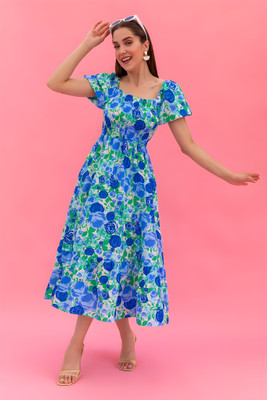 OTABU Women A-line Blue Midi/Calf Length Dress
