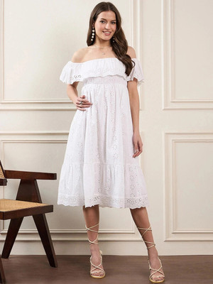 ZUMMER Women Fit and Flare White Midi/Calf Length Dress