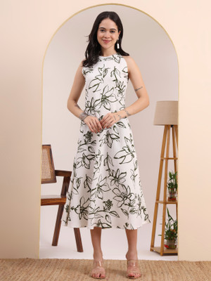 Yash Gallery Women A-line White, Green Midi/Calf Length Dress