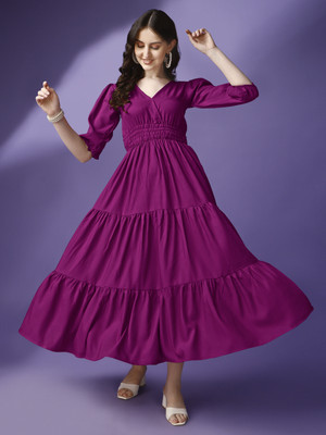 Jash Creation Women Fit and Flare Purple Maxi/Full Length Dress