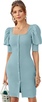 HEER FASHION Women Bodycon Light Green Knee Length Dress
