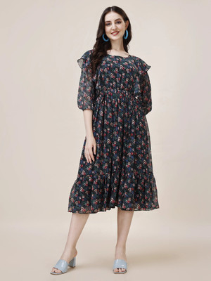 Herway Women A-line Multicolor Midi/Calf Length Dress